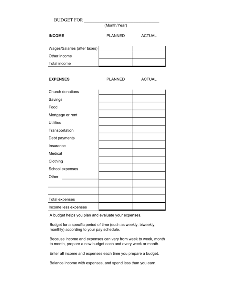 Family Budget Worksheet