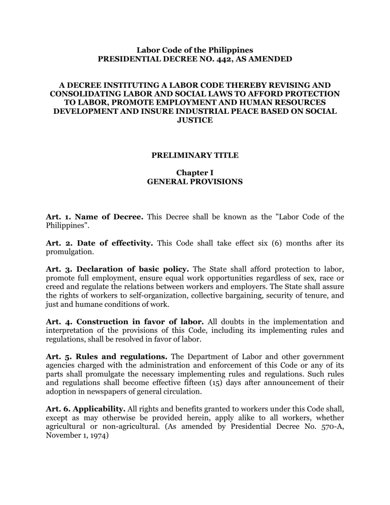 PD 442 Labor Code Of The Philippines