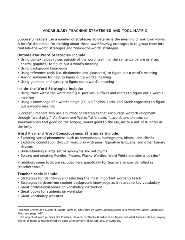 Vocabulary Teaching Strategies And Tool Matrix