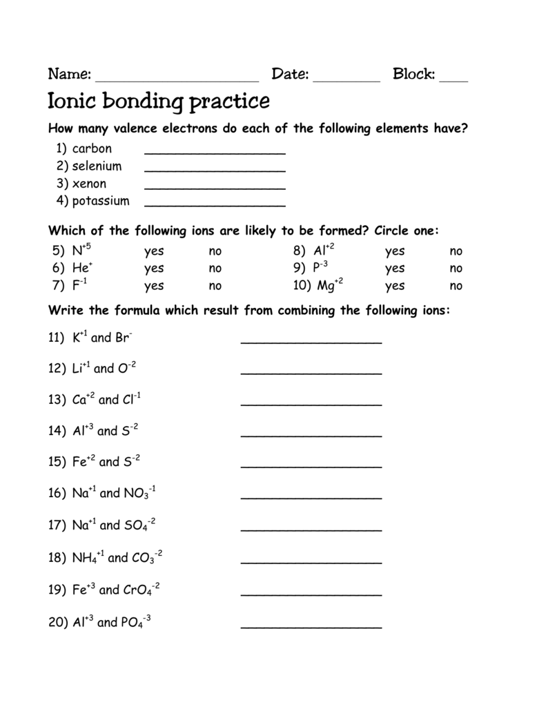 Ionic bonding practice Throughout Ionic Bonds Worksheet Answers