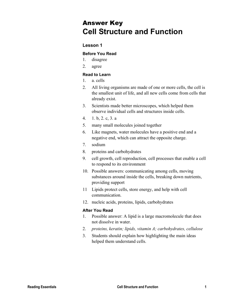 Answer Key Reading Essentials C 2 Cell Structure And Function