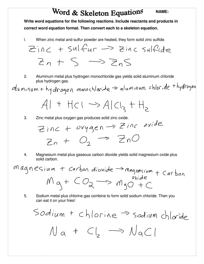 Write word equations for the following reactions. Include reactants