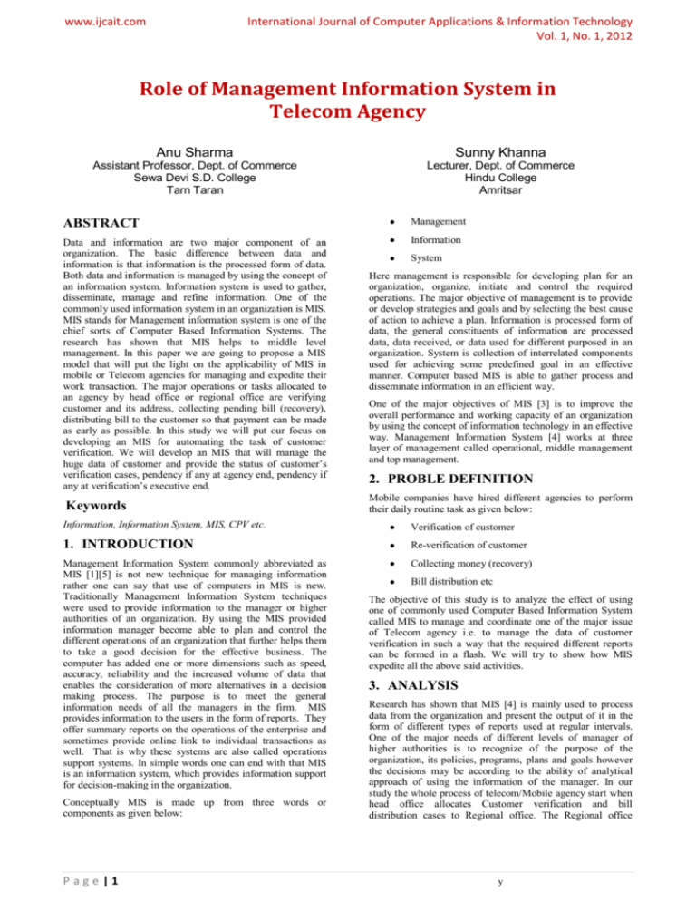 Role Of Management Information System In Telecom Agency