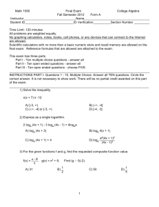 Math 1050 Final Exam College Algebra Fall Semester 2012 Form A