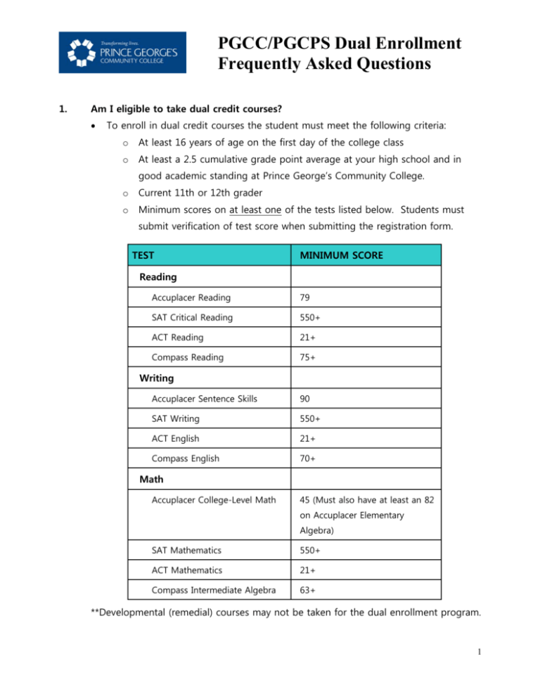 PGCC Dual Enrollment FAQs Prince George s Community College