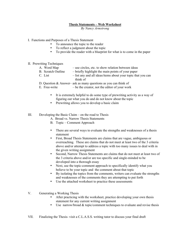 Thesis Statements – Web Worksheet By Nancy Armstrong I Intended For Identifying Thesis Statement Worksheet