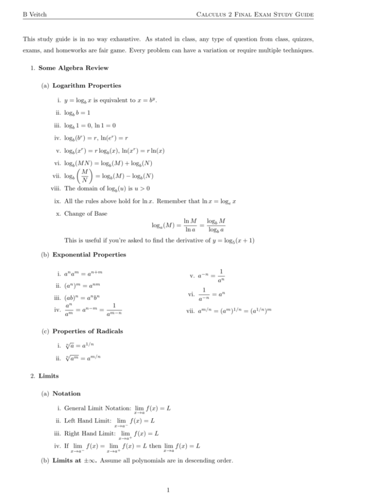 Calculus 2 Final Exam Study Guide Calculus 2 Final Exam Study Guide