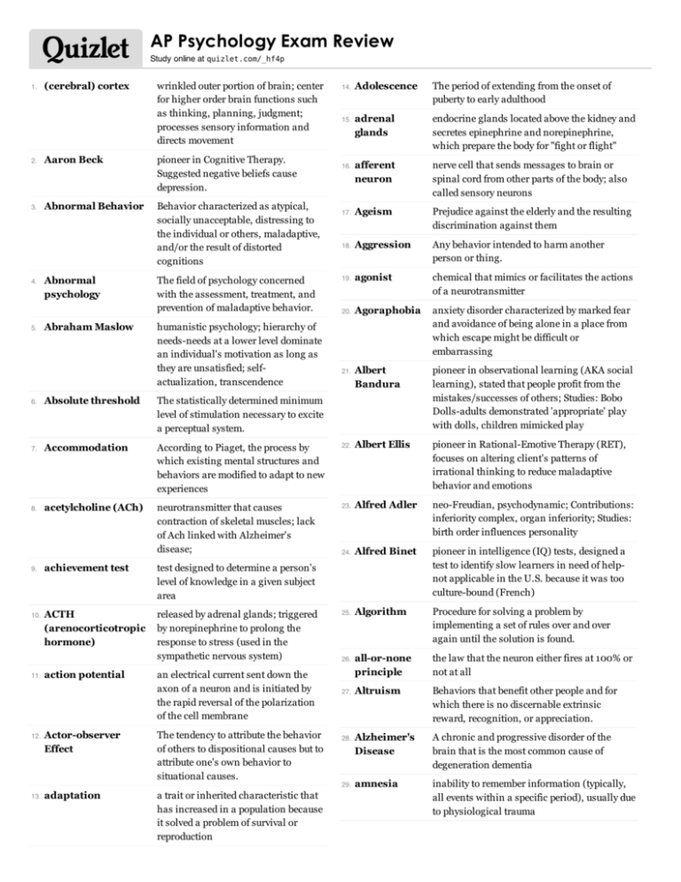 Print AP Psychology Exam Review Quizlet