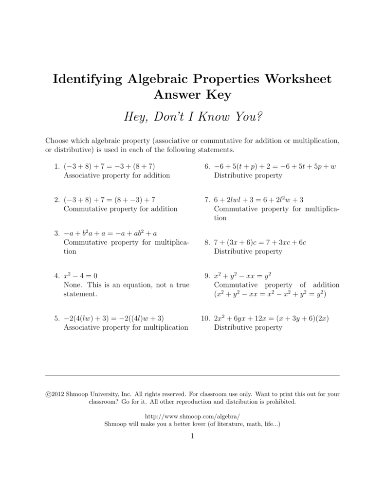 Identifying Algebraic Properties Worksheet Answer Key Throughout Distributive Property With Variables Worksheet
