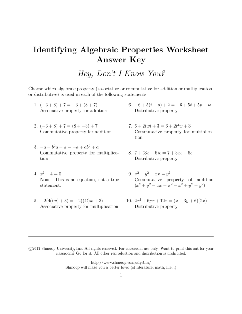 Identifying Algebraic Properties Worksheet Answer Key With Regard To Properties Of Real Numbers Worksheet