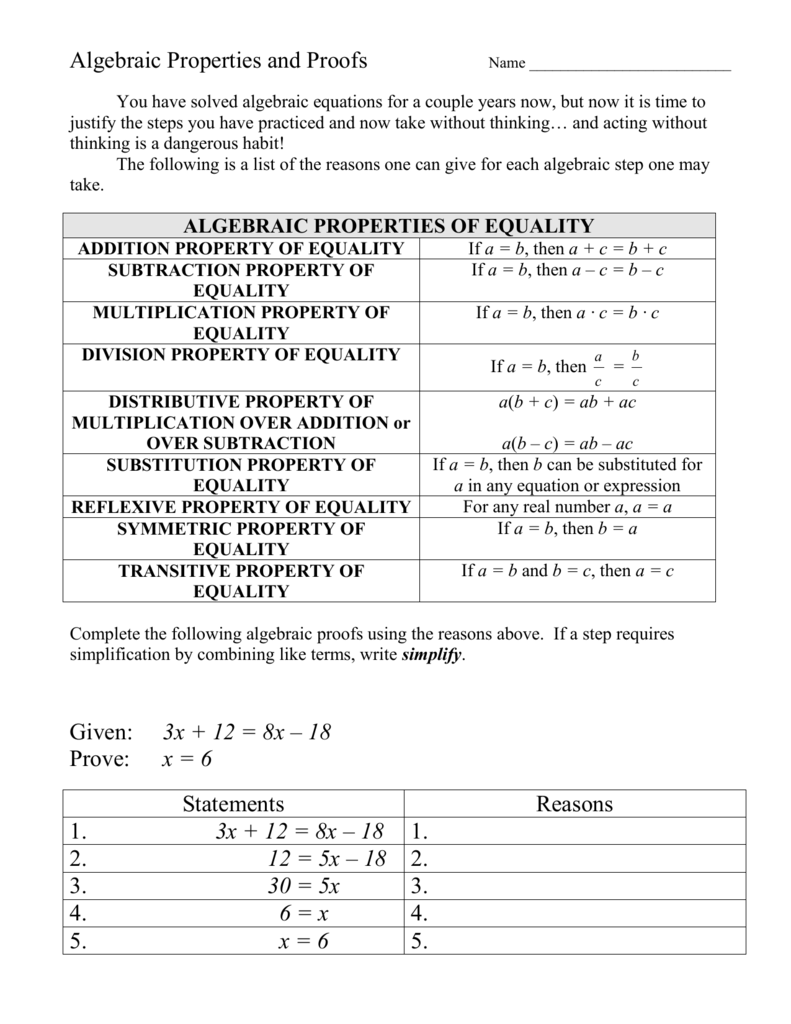 Algebraic Properties and Proofs Regarding Properties Of Equality Worksheet