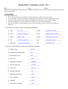 Review Sheet – Chemistry, Level 3 – Ch. 7