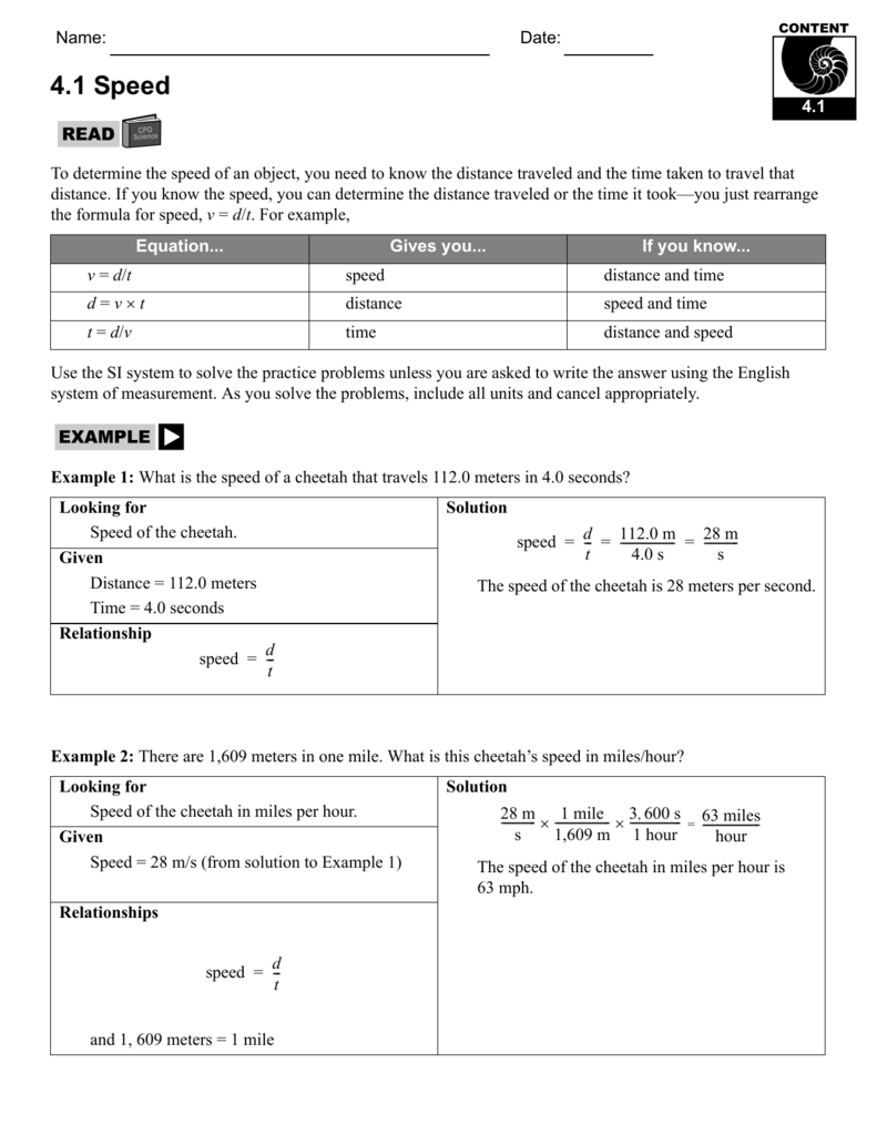 1111.11 Speed - CPO Science In Speed Problem Worksheet Answers