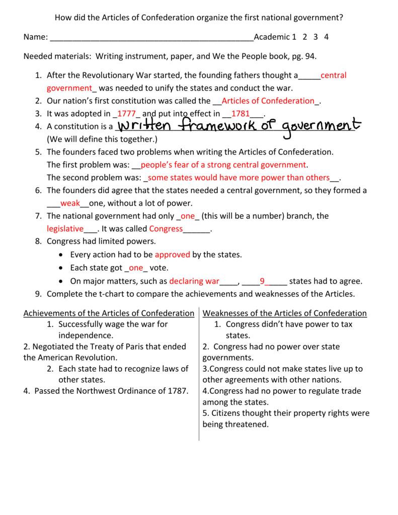 Articles Of Confederation Worksheet Answers