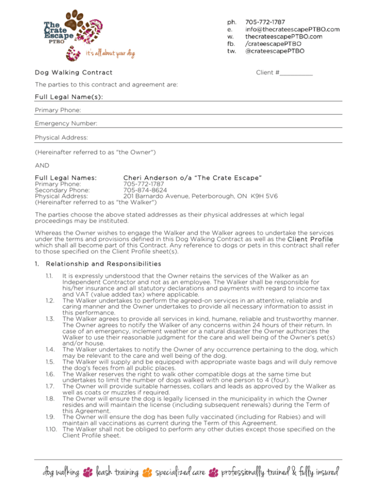 Dog Walking Contract The Crate Escape Peterborough