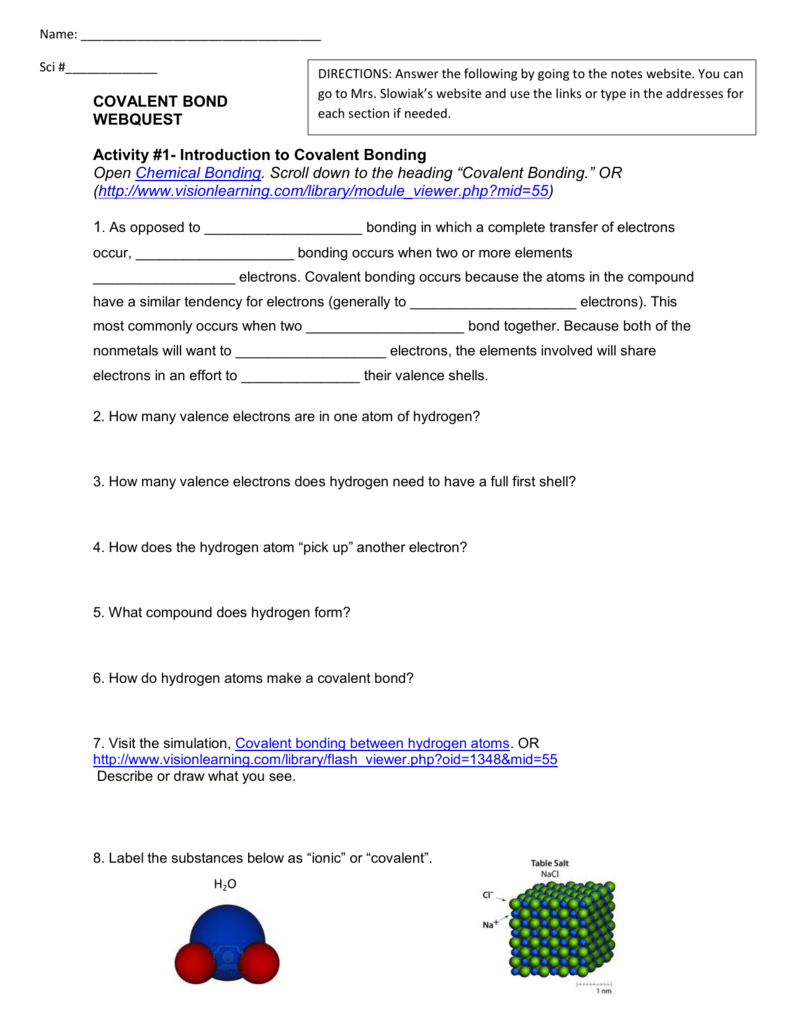 Covalent Bond Webquest Activity 1