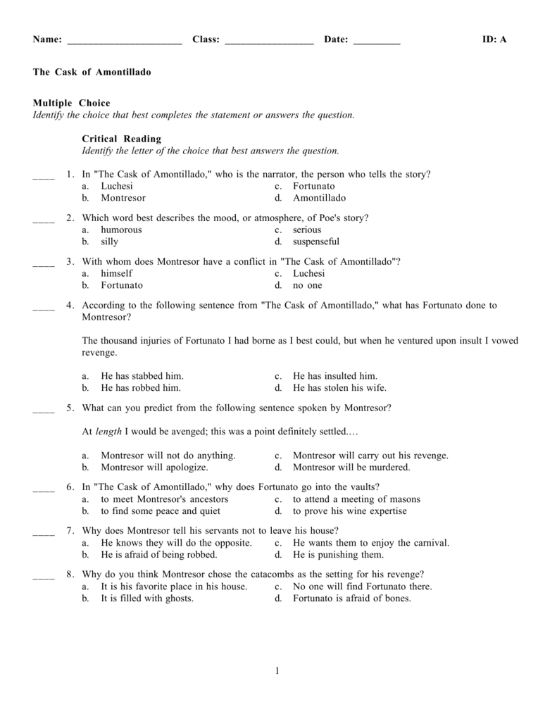 The Cask of Amontillado Pertaining To The Cask Of Amontillado Worksheet