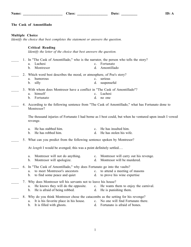 The Cask of Amontillado For The Cask Of Amontillado Worksheet