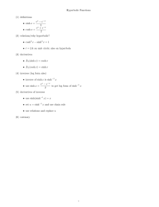 Hyperbolic Functions (1) definitions • sinh x = ex − e−x 2 • cosh x = 2