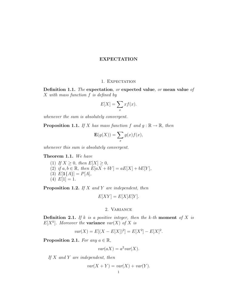 Expectation 1 Expectation Definition 1 1 The Expectation Or