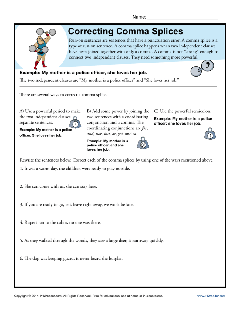 Run On Sentences And Comma Splices Worksheet With Answers