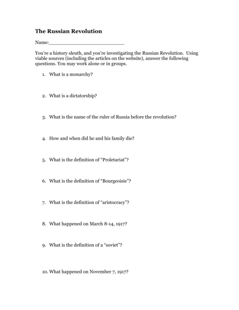 QUIZ REVOLUCIÓN RUSA worksheet