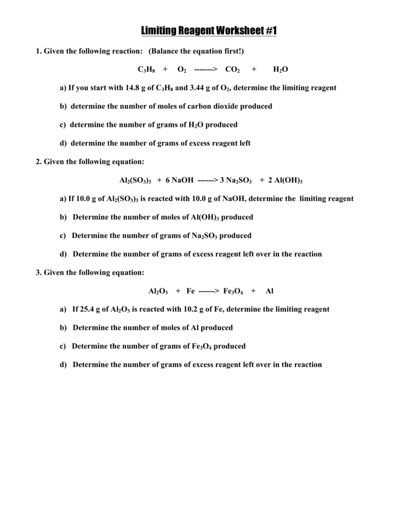 Limiting Reagent Worksheet #11 In Limiting Reactant Worksheet Answers