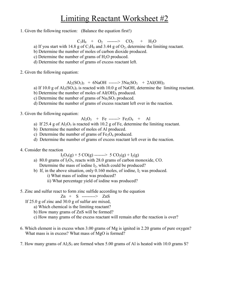 Limiting Reagent Worksheet 1