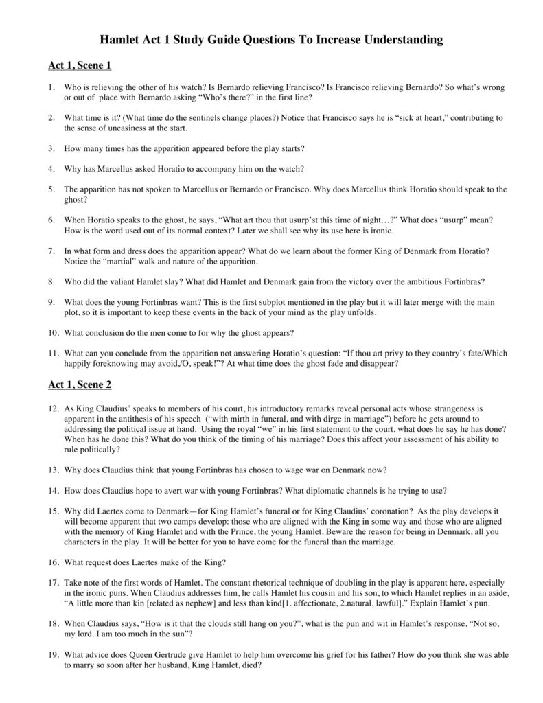 Hamlet Act 1 Study Guide Questions To Increase Understanding Hamlet Act 1 Study Guide Questions To Increase Understanding