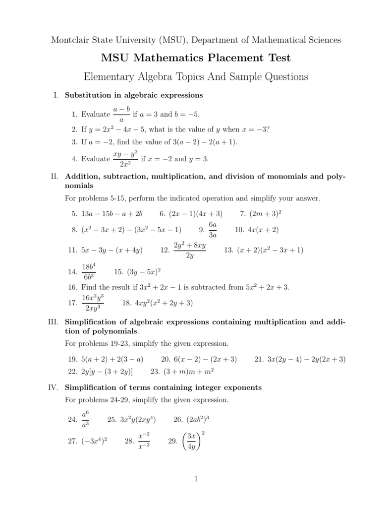 Msu Mathematics Placement Test Elementary Algebra Topics And