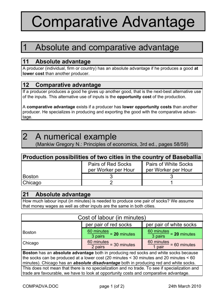 1 Absolute And Comparative Advantage 2 A Numerical Example