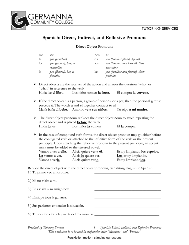 Spanish: Direct, Indirect, and Reflexive Pronouns With Regard To Subject Pronouns In Spanish Worksheet