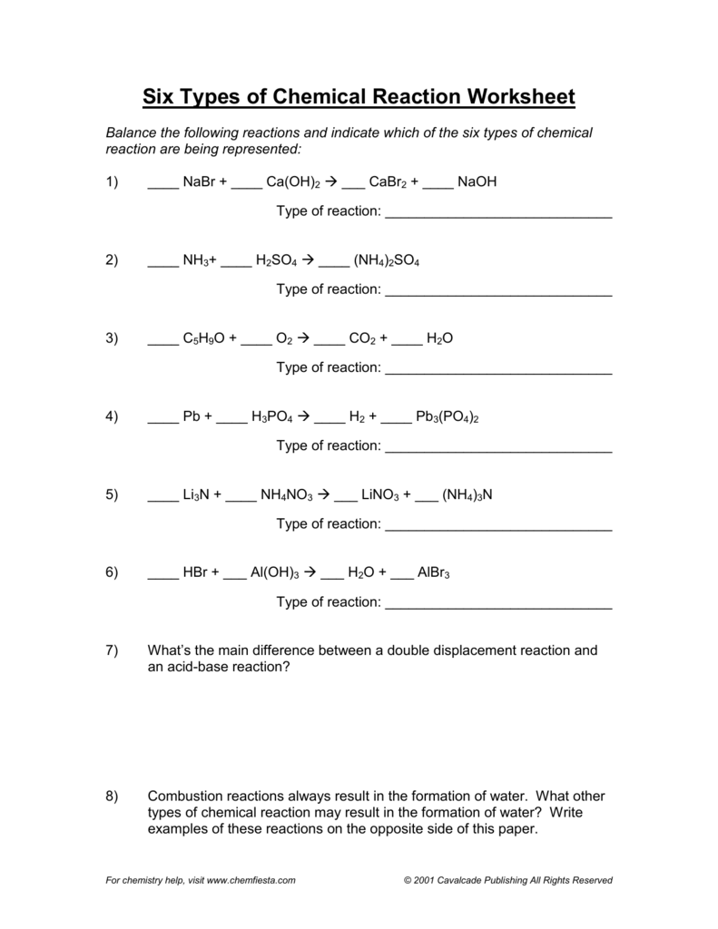 Six types of chemical reaction worksheet In Types Of Reactions Worksheet
