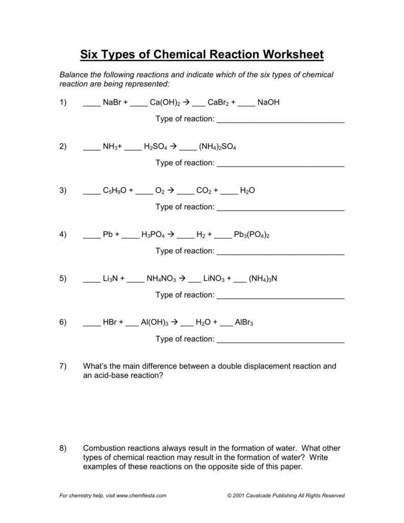 Six types of chemical reaction worksheet