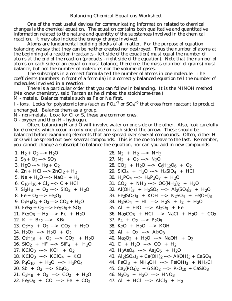 Balancing Chemical Equations Worksheet