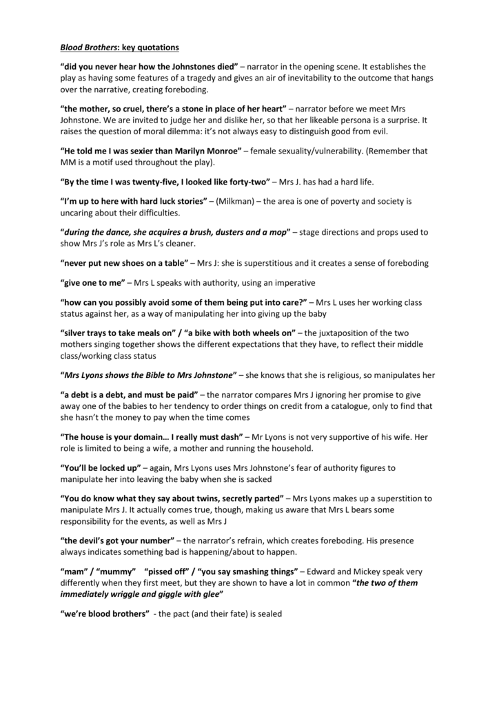 Blood Brothers Key Quotations Blood Brothers Key Quotations
