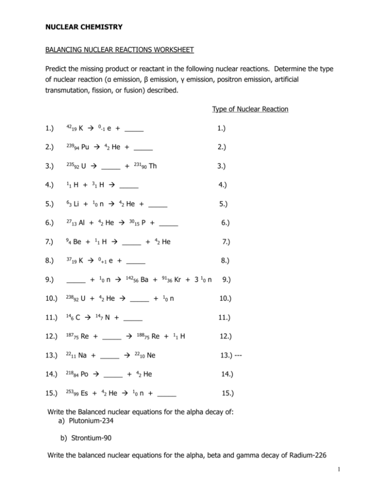 Nuclear Chemistry Worksheet K