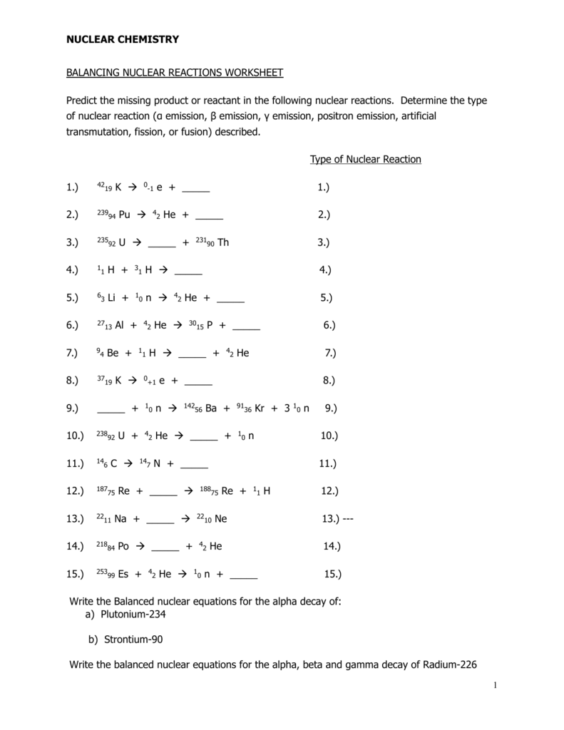 Nuclear Reactions Worksheet 11 In Nuclear Chemistry Worksheet K