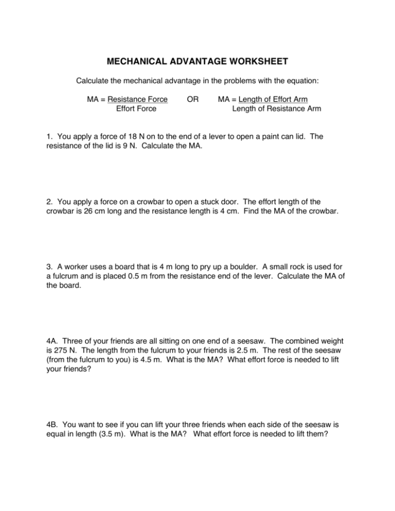 Mechanical Advantage And Efficiency Worksheets Answer Key