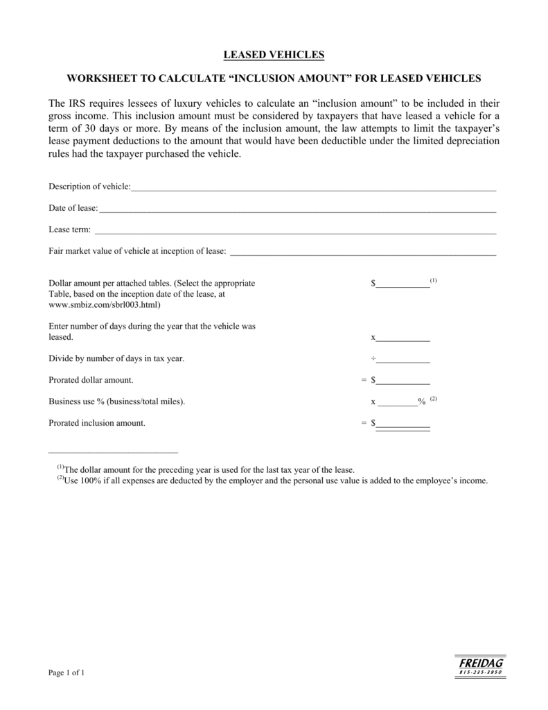 Worksheet to Calculate Leased Vehicle Income Inclusion