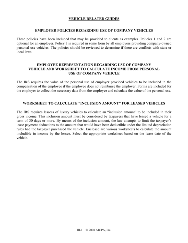 Use of Company Vehicle Worksheet