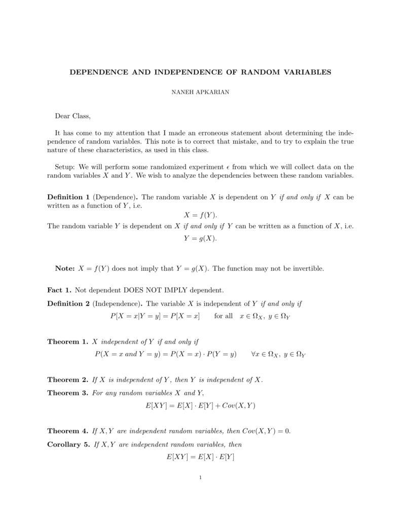 Dependence And Independence Of Random Variables