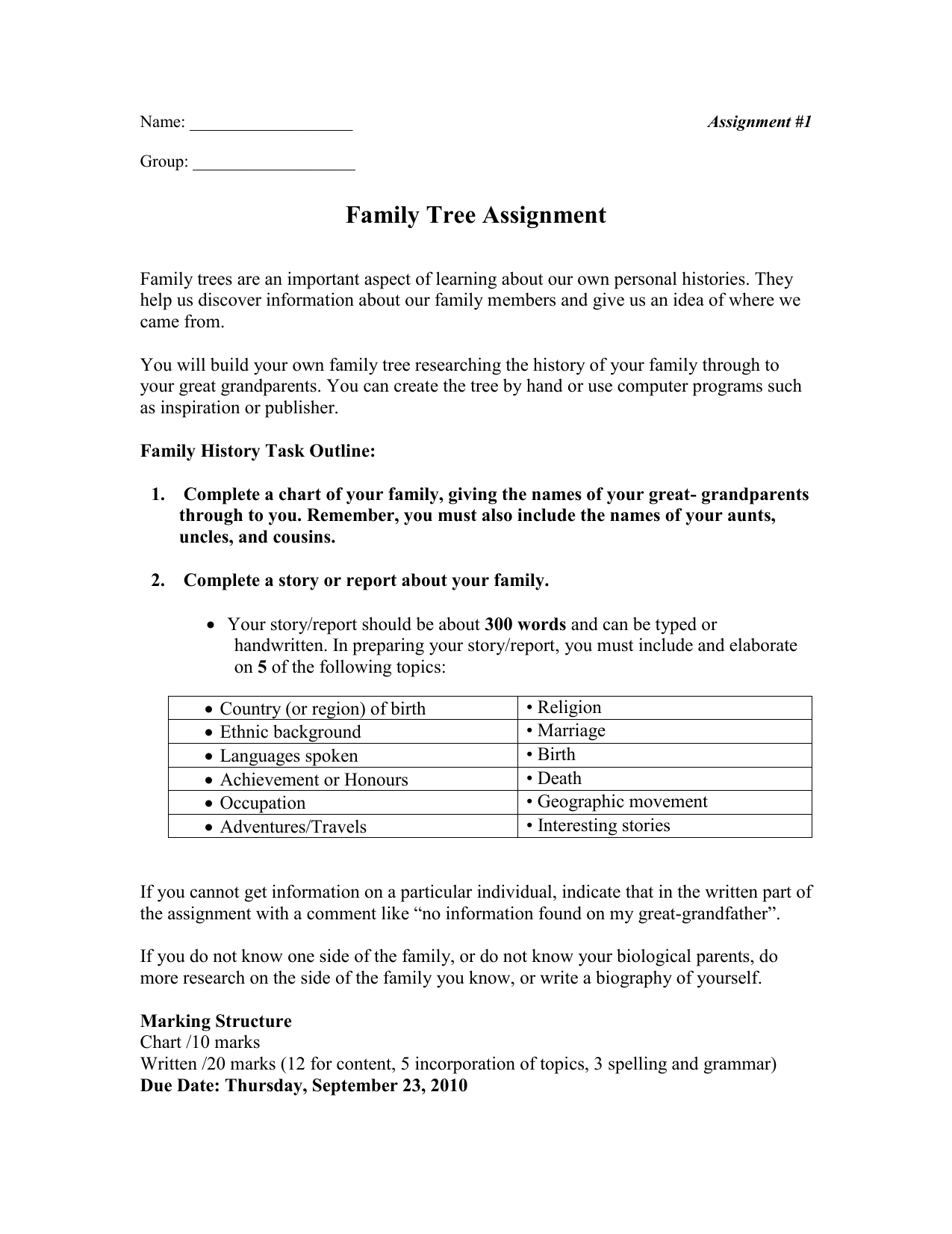 family tree assignment for students
