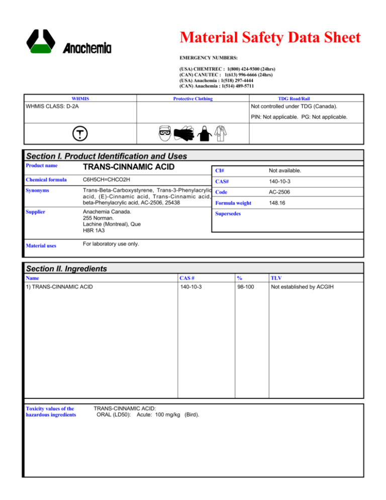 9713 TRANSCINNAMIC ACID (English) ANACHEMIA MSDS