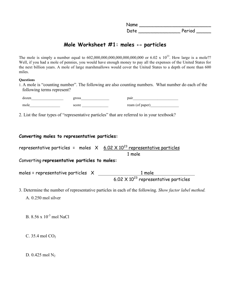 Mole Worksheet #22: moles ↔ particles With Mole Worksheet 1