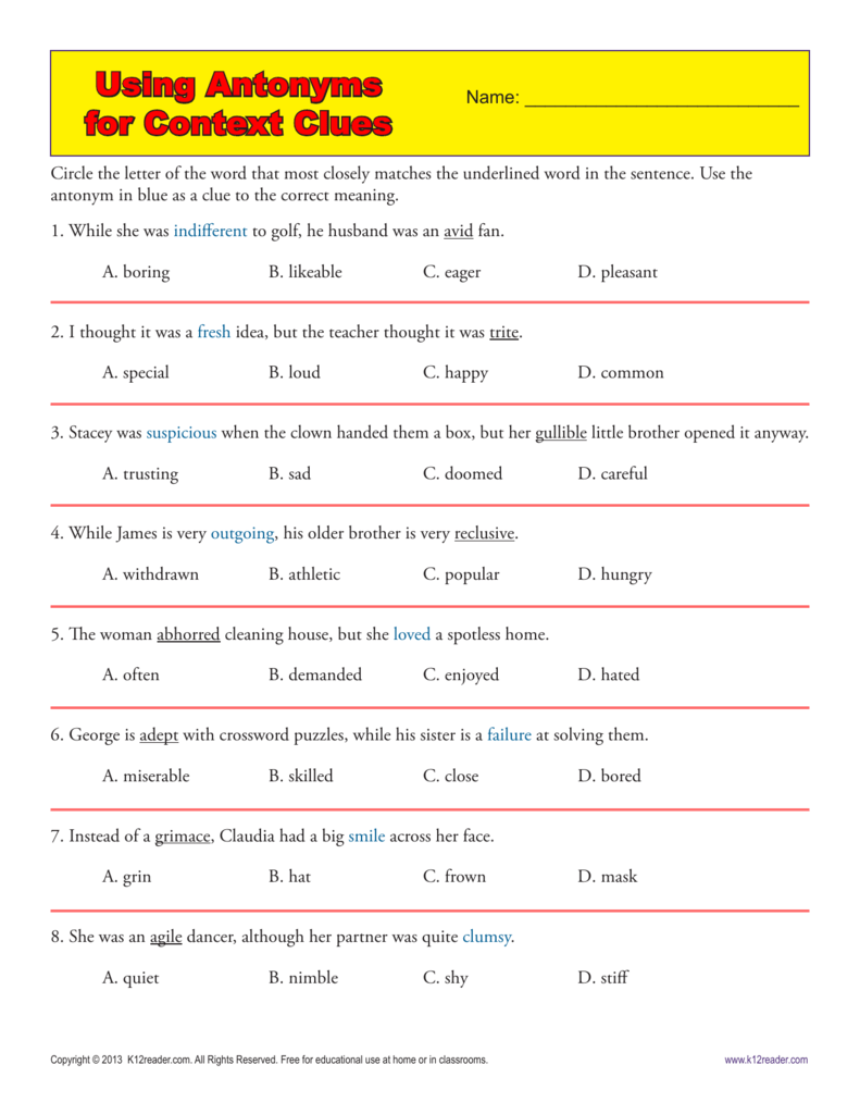 Using Antonyms For Context Clues