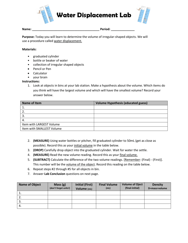 Water Displacement Lab In Volume By Water Displacement Worksheet