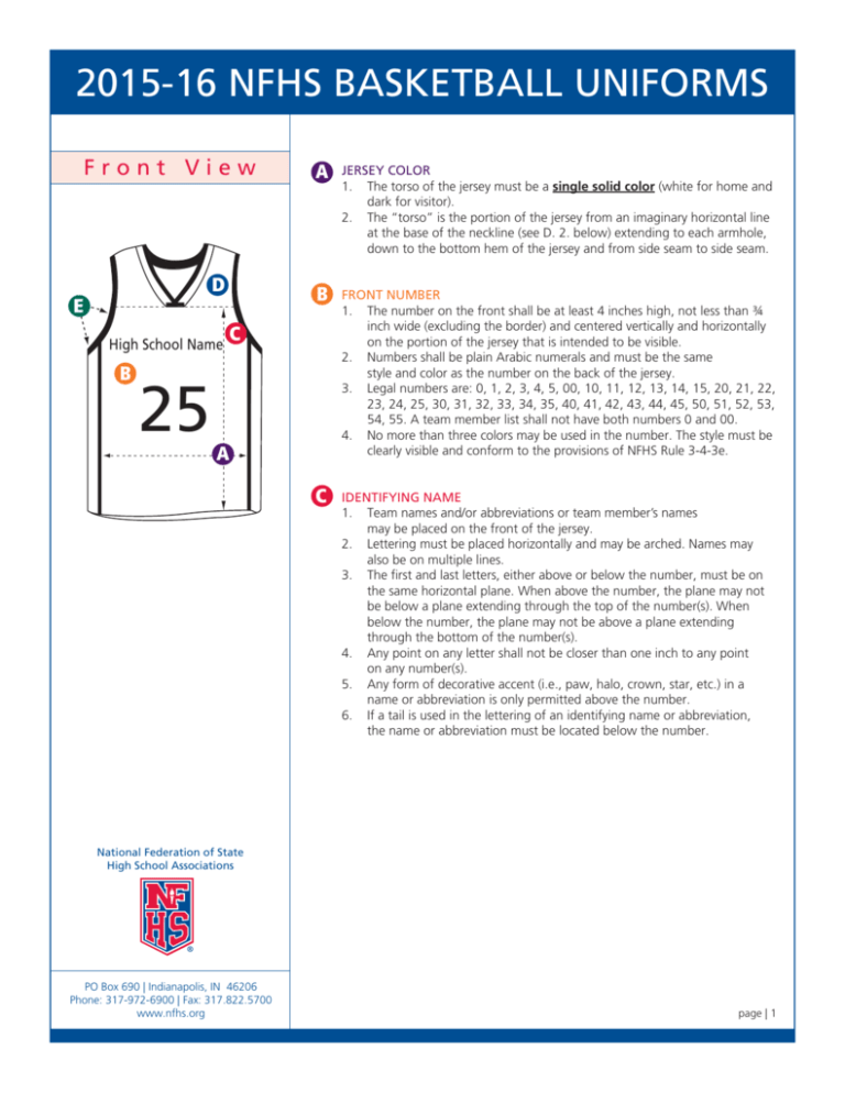 Basketball Uniform Rules National Federation of State High School