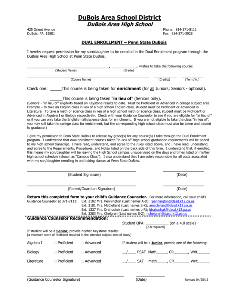 PSU Dual Enrollment Permission Form