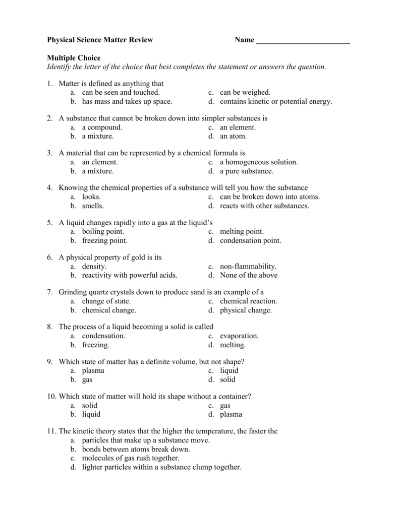 Matter Test Review Sheet